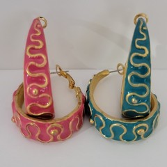 Vintage Gold Tone Pink Blue Enamel Dangle Hoop Earrings Statement