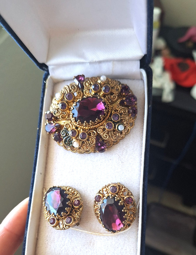vintage west germany jewelry set purple gem and rhinestone gold tone