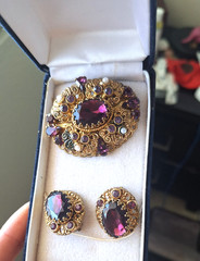 vintage west germany jewelry set purple gem and rhinestone gold tone