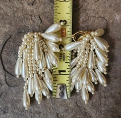Vtg Glamorous Cha Cha Statement Burst Earrings Faux Pearl Cluster Fringe Clip On