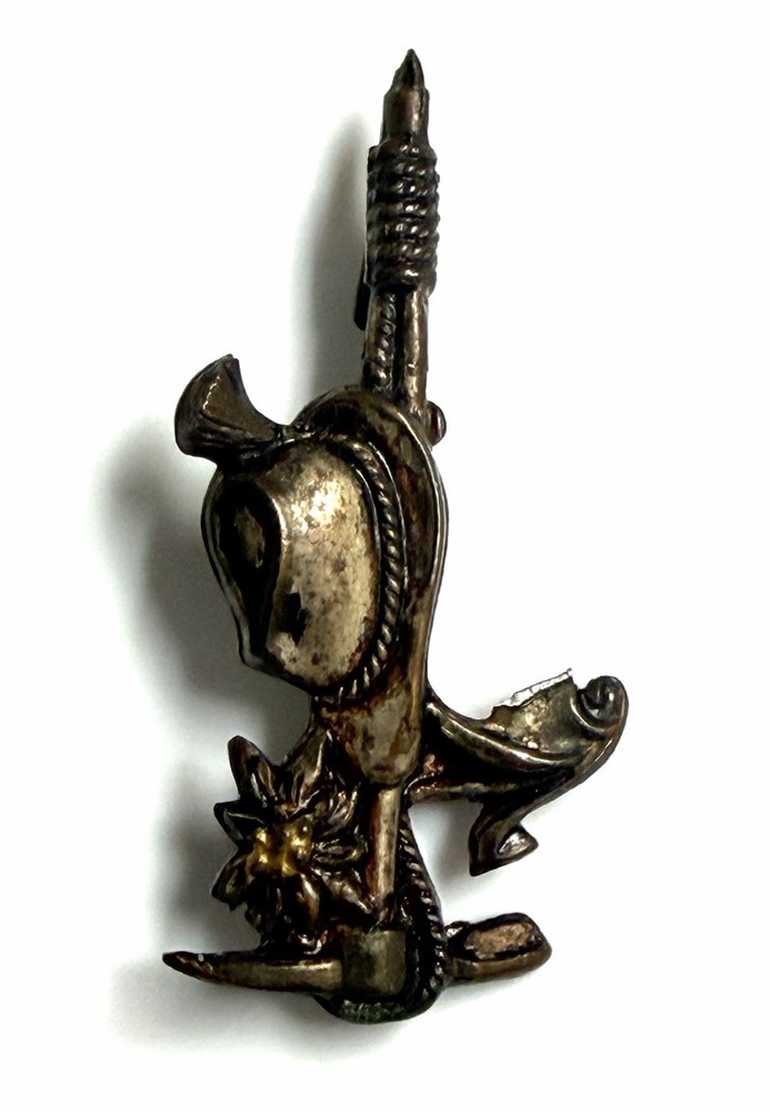 Antique Swiss Alps Mountain Climber Hat Plume Ice Pick Axe Rope Brooch 1.5” Pin