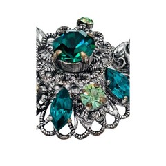 Vintage Western Germany Green Rhinestone Filigree Bib Necklace Silver Tone 17in