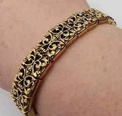 Vintage Gold Tone Filagree Link Open Work Slide Over Woven 7″ Mesh Bracelet Gift