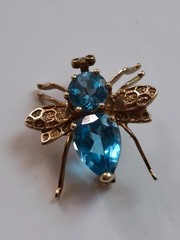 10k Yellow Gold Blue Topaz Bee Bug Fling Insect Pin Pendant Brooch