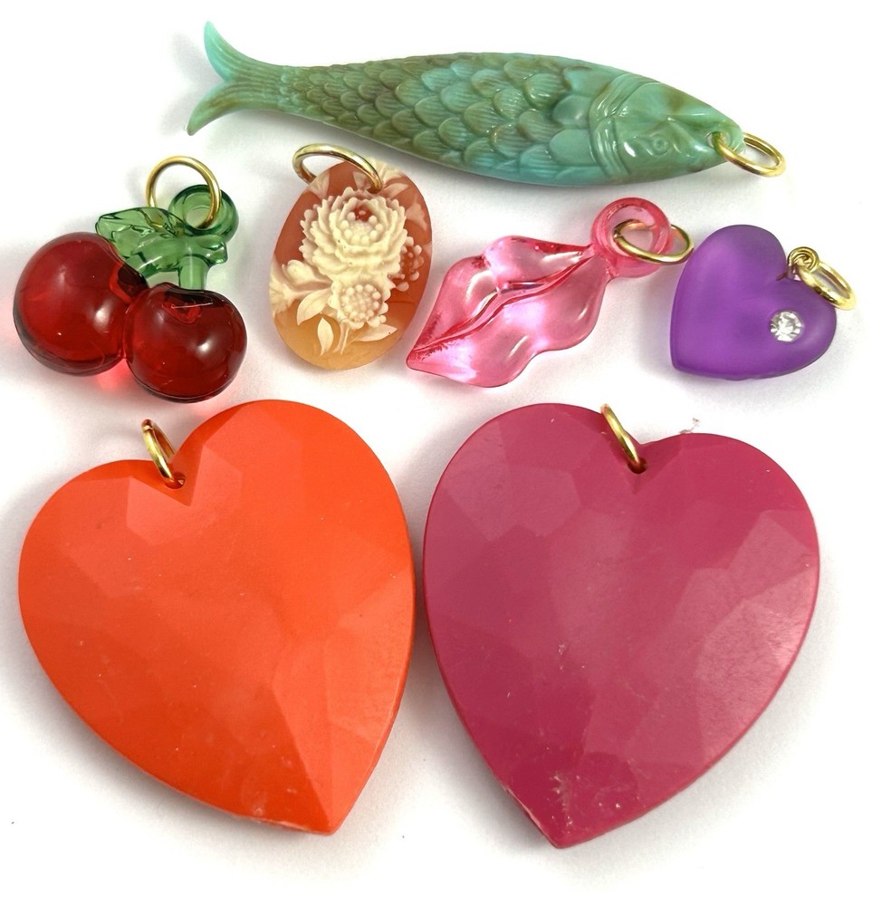 Jewelry Lot Vintage Heart Charm Fish Necklace Pendant Lips Cherry Plastic Resin