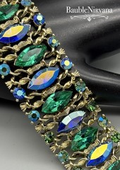 Vintage Signed Lisner Peacock Green & Blue Iridescent Twisted Goldtone Bracelet