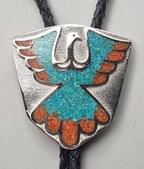 VTG Bennett Thunderbird Bolo Tie Turquoise Coral SW Native American Style