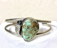 Alpaca Mexico Silver Cuff Bracelet Turquoise Leaf Motif Adjustable