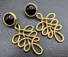 Vintage Huge 80s Runway Dangle Gold Tone Black Filigree Loop Drop Clip Earrings