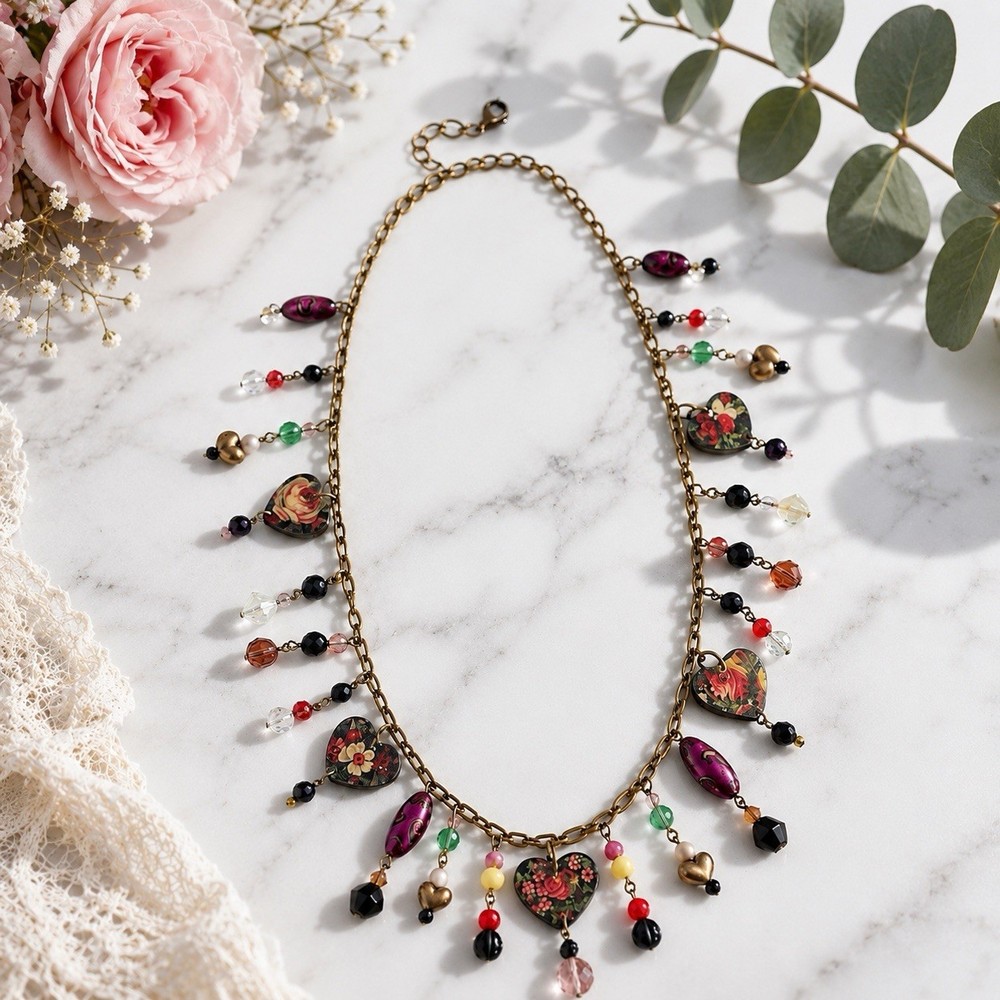 Vintage Artisan Charm Necklace Floral Hearts Crystal Beads Boho 30-32.5”