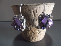 1 Pair Old .75″in Purple Glass or Rock Square w/Mixed Size Stones Dangler Clip