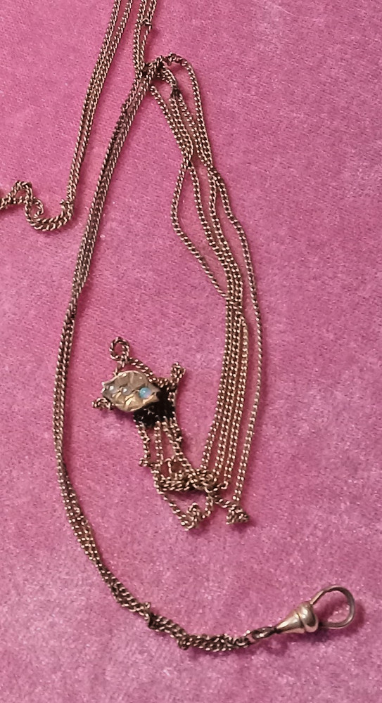 Antique Victorian 48″ Ladies Watch Chain W/ Jeweled opal seed pearl Slide