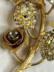Vintage Flower Brooch with Rhinestone Leaves