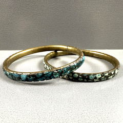 Vintage India Bangles Bracelet Mosaic Stone Brass Blue Green Inlay Set of 2