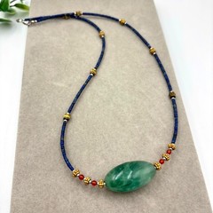 Handcrafted Lapis Lazuli Micro Bead Necklace Green Fluorite Centerpiece Pendant