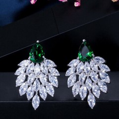 Peacock Stud Engagement Earrings 2.8 Ct Simulated Emerald 14K White Gold Over