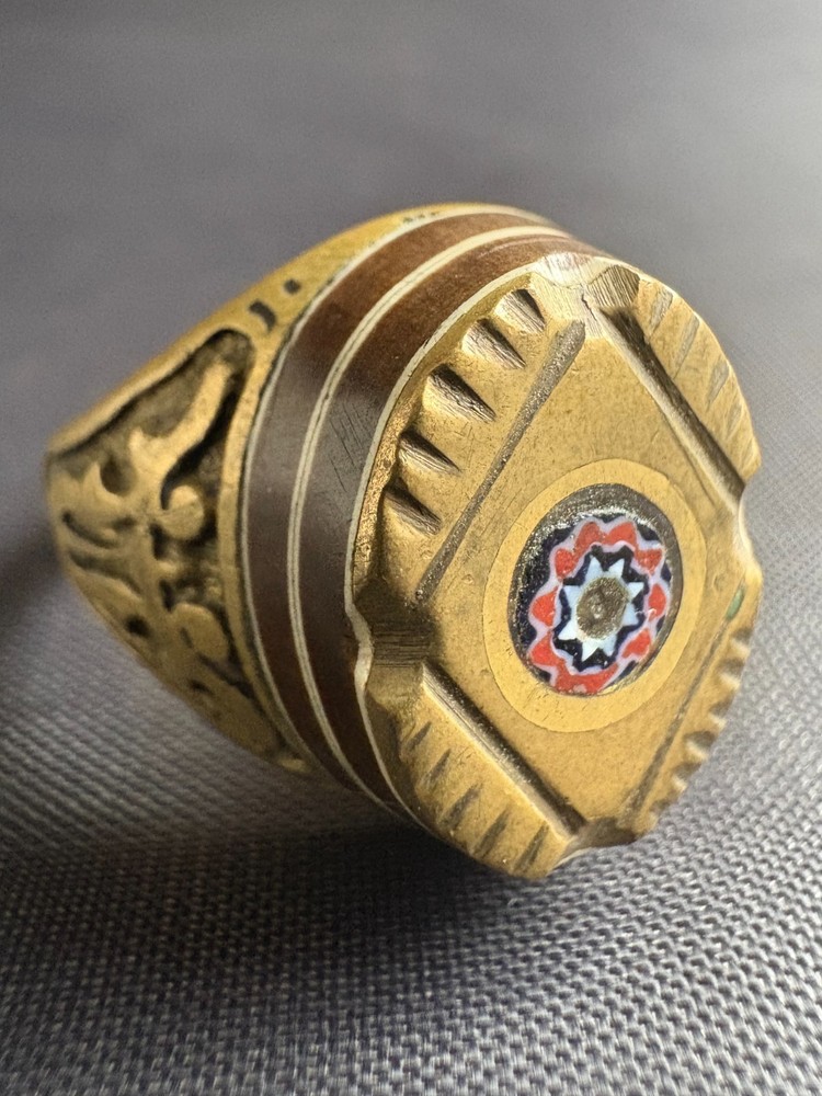 Handmade Tuareg Brass Ring Geometric Patterns & Rosette Motif Ring Size 11 US