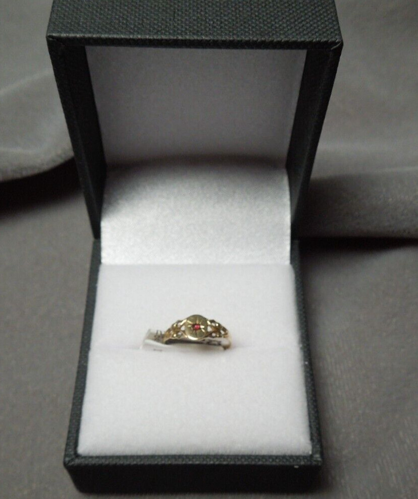 Antique Tiny 10k Yellow Gold Filigree Ruby Crystal Accent Child Ring Size 0.5