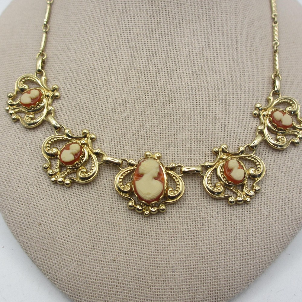 Vintage Cameo Necklace Victorian Revival Gold Tone 16 Inch
