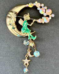 Gold Tone Fairy Moon & Glass Bubbles Brooch Contemporary