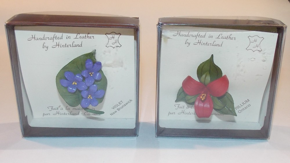 Hinterland Handcrafted Leather Flower Brooches ~ Violet and Trillium