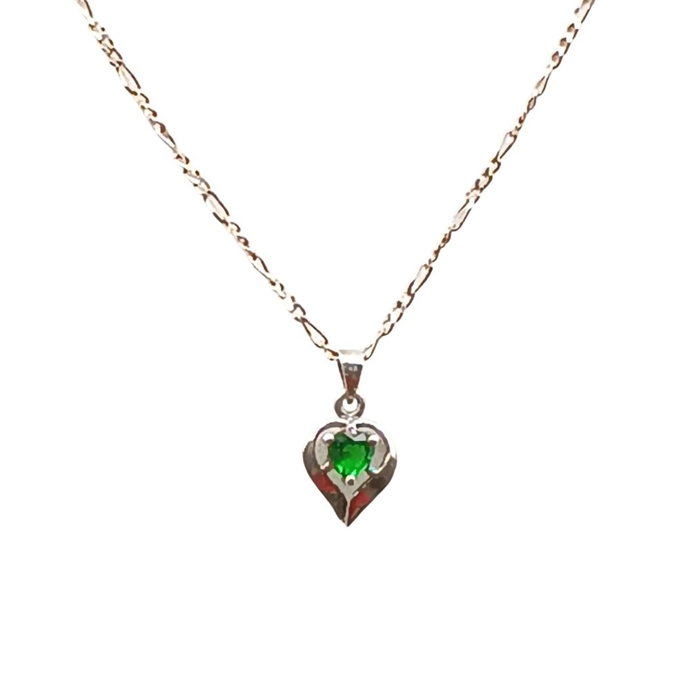 Sterling Silver Heart Pendant Necklace with Green Gemstone & Delicate Figaro Cha