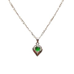 Sterling Silver Heart Pendant Necklace with Green Gemstone & Delicate Figaro Cha