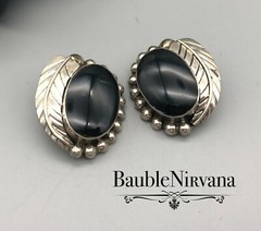Vintage Mexican Sterling Silver Black Onyx Beaded Feather Large Clip Earrings