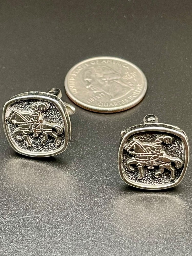 Vintage Knight Horseman Cufflinks Silver tone Black Granule Heraldic