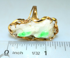VINTAGE 14K YELLOW GOLD LARGE CARVED JADE & DIAMOND RING GREEN BIRDS SIZE 7.25