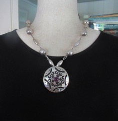 VINTAGE MEXICO BOLD STERLING PENDANT NECKLACE 2 INCHES, 42 GRAMS, AMETHYST, 20″