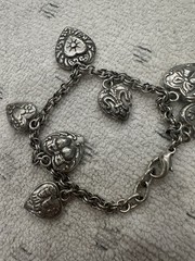 Vintage 90s Silver Heart Charm Bracelet Double Sided Reversible Chunky