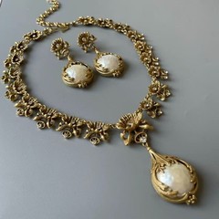 Victorian Pearl Necklace Earrings Set Antique Gold Statement Jewelry