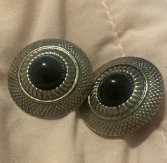 Vintage Large Silver Round Earrings 1980s Faux Onyx Center Posts Pierced