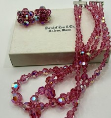 Vintage Pink Aurora Borealis Crystal Bead 3 Strand Necklace Clip Earrings Set