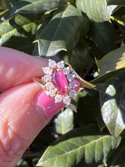 VINTAGE 14K YELLOW GOLD RED NAVETTE MARQUISE CUT GENUINE RUBY AND DIAMONDS RING