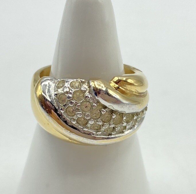 Vintage EDCO Ring Size 8 Gold Silver Tone Clear Rhinestone Band Cocktail