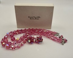Vintage Pink Aurora Borealis Crystal Bead 3 Strand Necklace Clip Earrings Set
