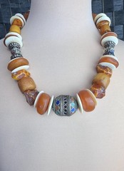 Moroccan Necklace, With Resin Copal, Enamel & Buffalo Horn Discs