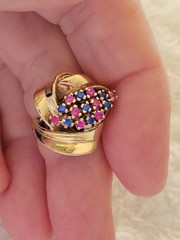 Vintage 1970s 14kt Gold Swirl Ribbon Ring W/ Ceylon Pink &Blue Sapphires Size 6