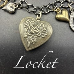 Vintage Bracelet & Charms of Mixed Metals Black: Hearts, LOCKET, Prayer Box, Dog