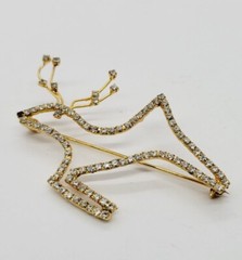 Crystal Reindeer Brooch CHRISTMAS Pin Gold tone Red nose