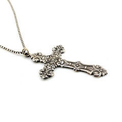 Large Rococo Cross Pendant Necklace Silver Tone Sterling Chain 18 Inch