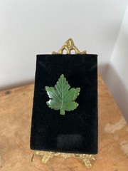 Vintage Carved Green Nephrite Jade Stone Canadian Maple Leaf Brooch Pin