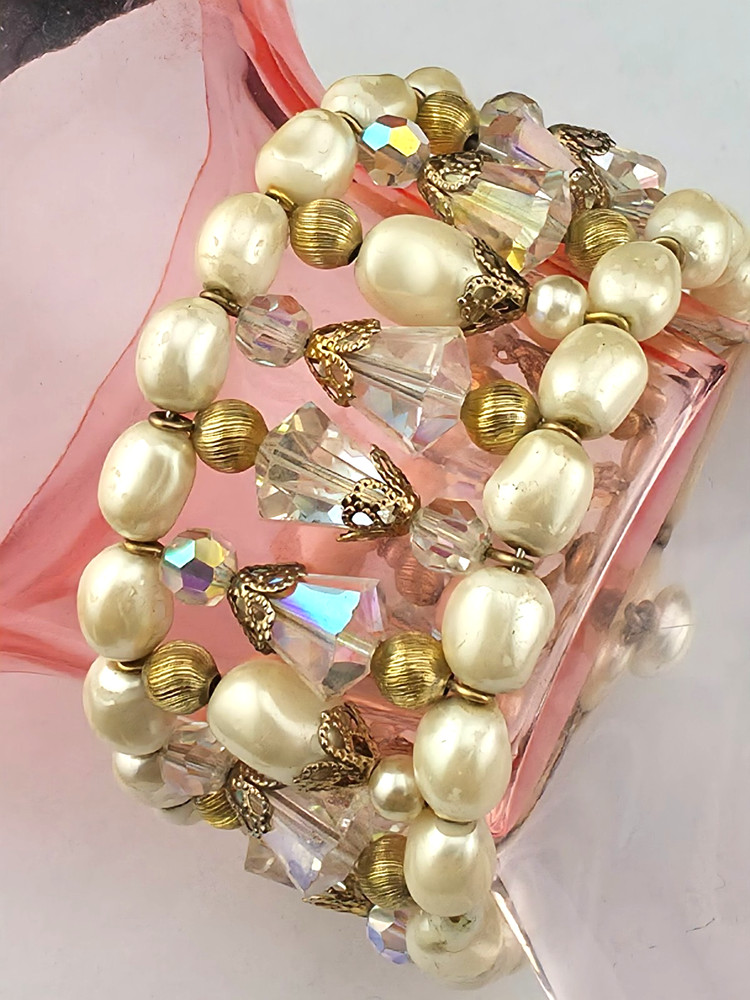 Chunky Heavy Vintage Baroque Glass Pearls Aurora Borealis Crystal Wrap Bracelet