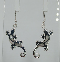 VTG 925 Gecko Lizard Earrings 1.5in Drop Sterling Silver 3gtw White MOP Inlay
