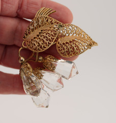 Antique Vintage Gilt Filigree Brooch Cut Crystal Drop European Design Statement