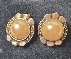 Sterling Silver Pearl Marcasite Post Pierced Earrings Vintage Estate .75in