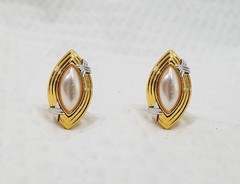 New! Gold Tone and Faux Pearl Cabochon Marquise-Shaped Clip On Earrings