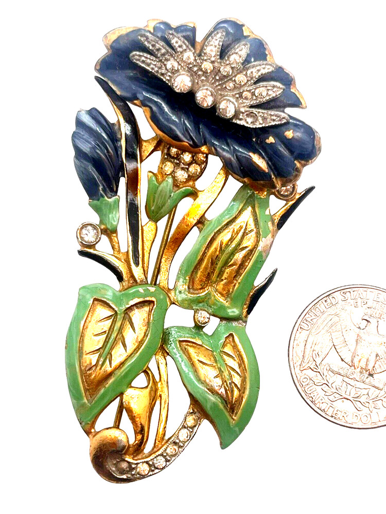 Vintage Enameled Figural Flower Brooch, Pave Rhinestone Inset Center & Stem